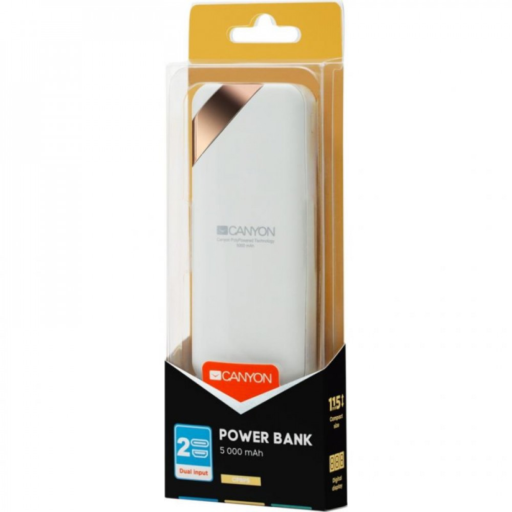 Батарея універсальна Canyon 5000mAh, Input 5V/2A, Output 5V/2.1A, White (CNE-CPBP5W)