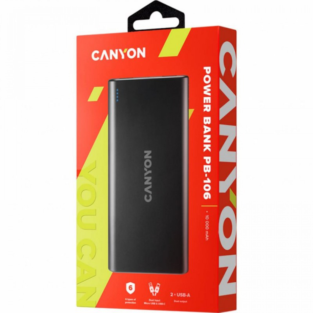 Батарея универсальная CANYON PB-106 10000mAh Input 5V/2A, Output 5V/2.1A(Max) (CNE-CPB1006B)
