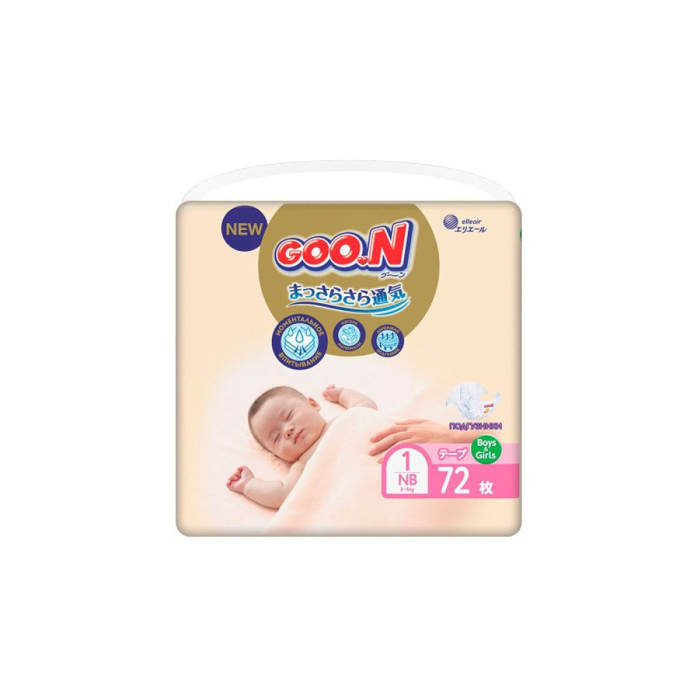 Подгузник GOO.N Premium Soft Newborn до 5 кг SS на липучках 72 шт (863222)