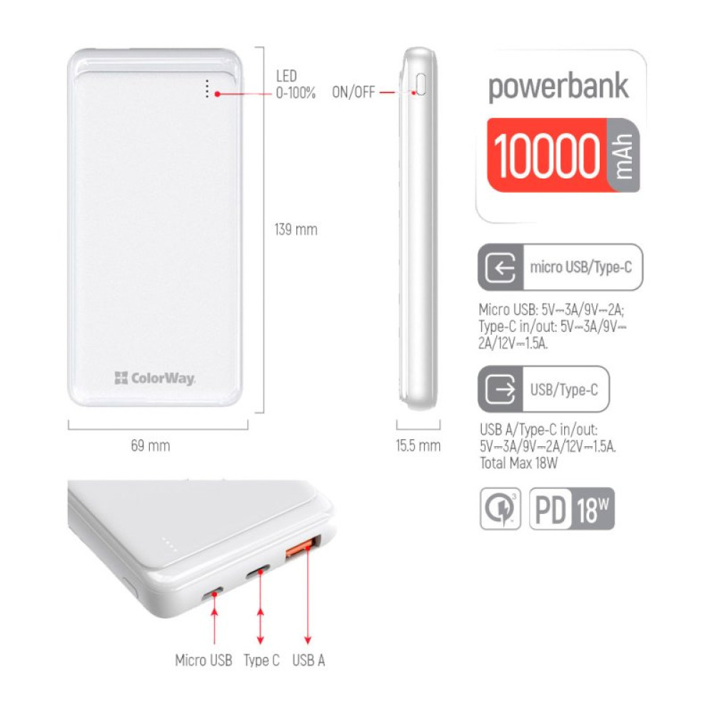 Батарея универсальная ColorWay 10 000 mAh Slim (USB QC3.0 + USB-C Power Delivery 18W) White (CW-PB100LPG3WT-PD)