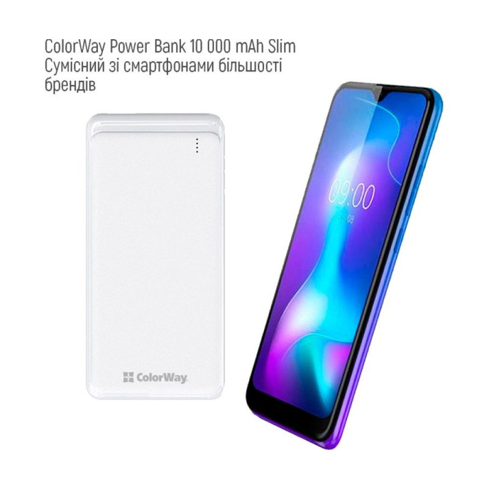 Батарея универсальная ColorWay 10 000 mAh Slim (USB QC3.0 + USB-C Power Delivery 18W) White (CW-PB100LPG3WT-PD)