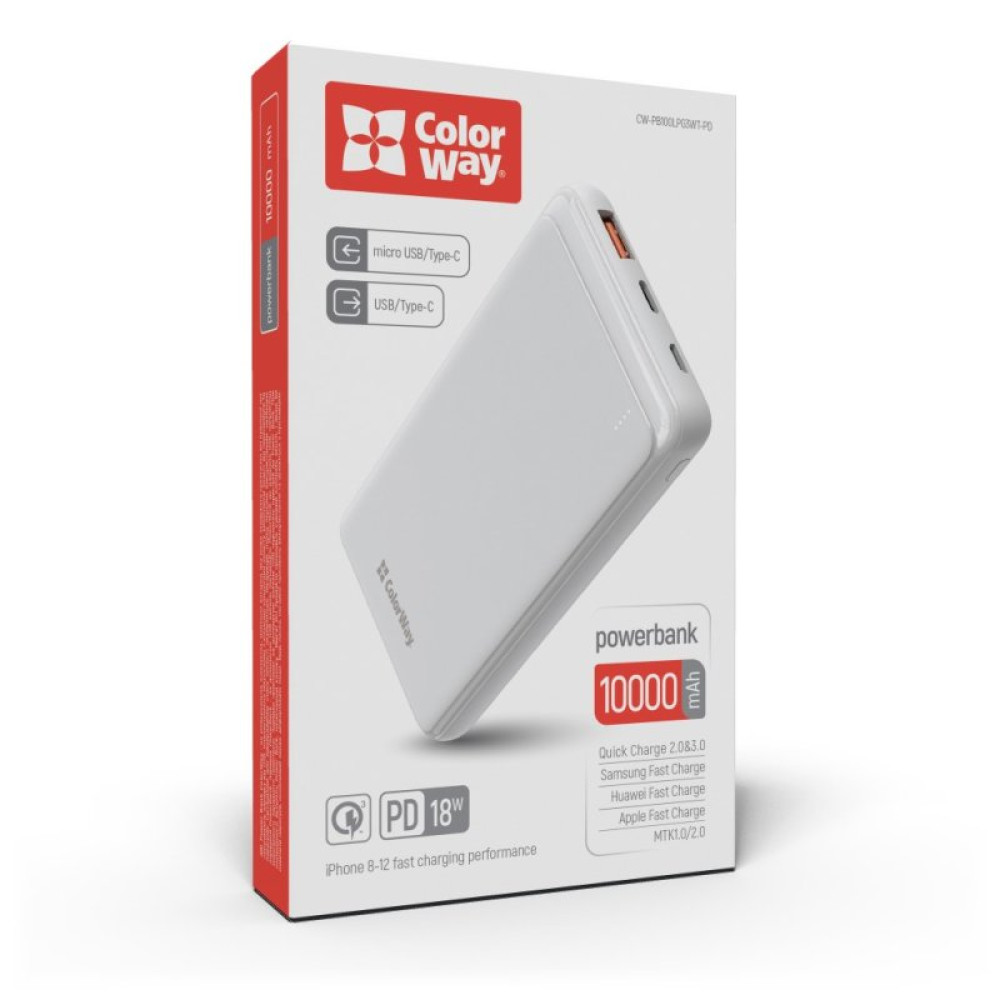 Батарея универсальная ColorWay 10 000 mAh Slim (USB QC3.0 + USB-C Power Delivery 18W) White (CW-PB100LPG3WT-PD)