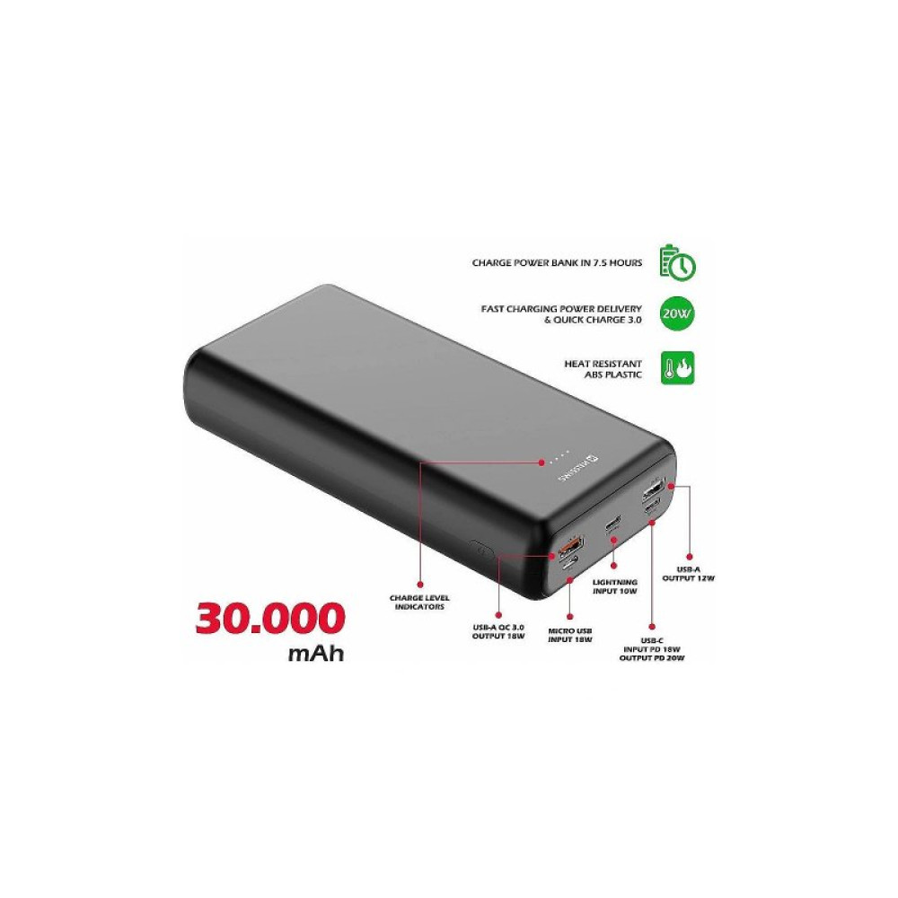 Батарея универсальная SWISSTEN 30000mAh PD/20W, QC/3.0, USB-C, Lightning, Micro-USB, 2*USB-A, +cable USB-C 3A, black (8595217479838)