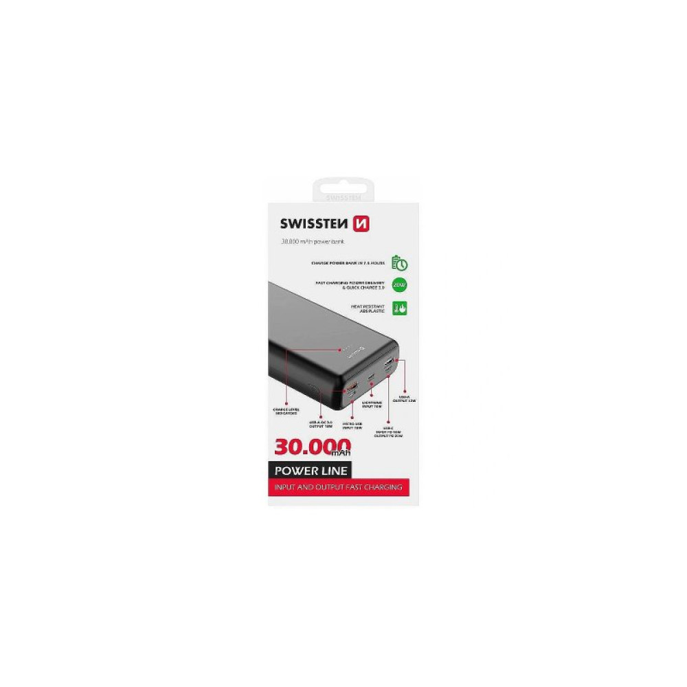 Батарея универсальная SWISSTEN 30000mAh PD/20W, QC/3.0, USB-C, Lightning, Micro-USB, 2*USB-A, +cable USB-C 3A, black (8595217479838)