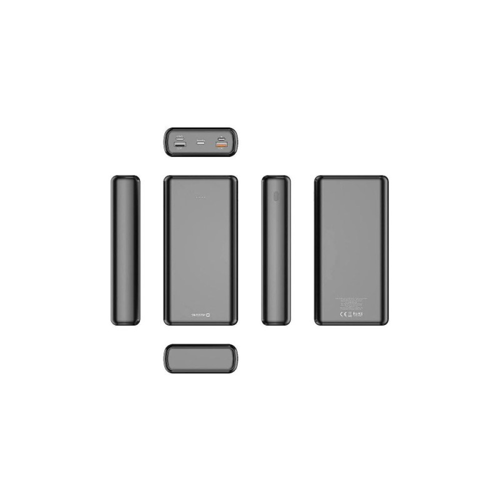Батарея универсальная SWISSTEN 30000mAh PD/20W, QC/3.0, USB-C, Lightning, Micro-USB, 2*USB-A, +cable USB-C 3A, black (8595217479838)