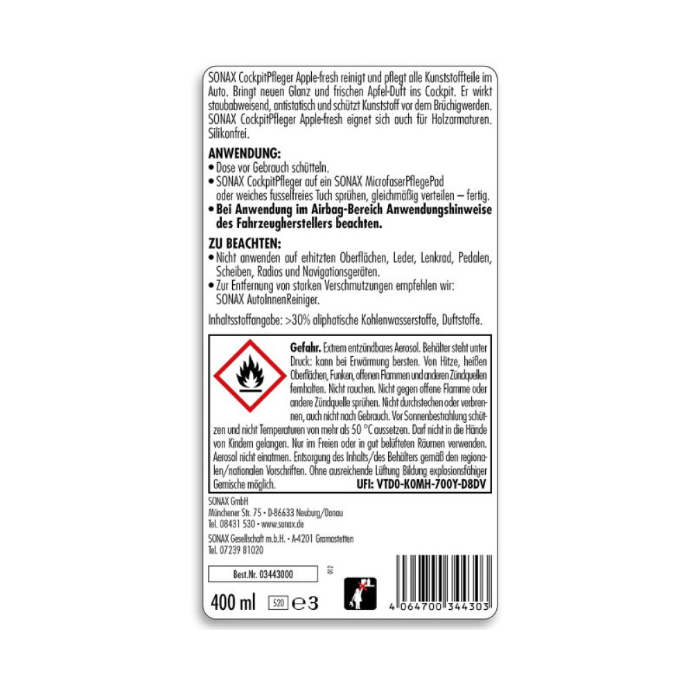 Автополироль Sonax Cockpitpfleger - apple-fresh 400 мл (344300)
