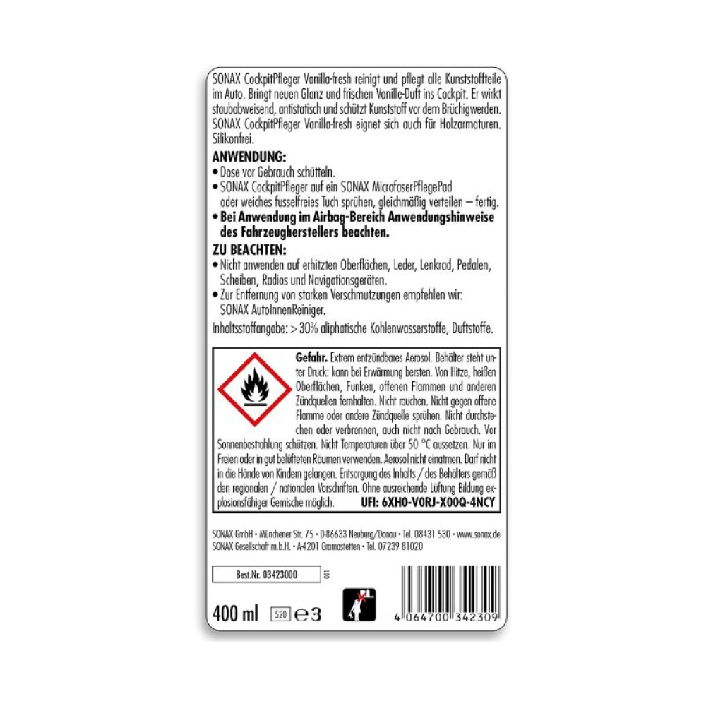 Автополіроль Sonax Cockpitpfleger - vanilla-fresh 400 мл (342300)