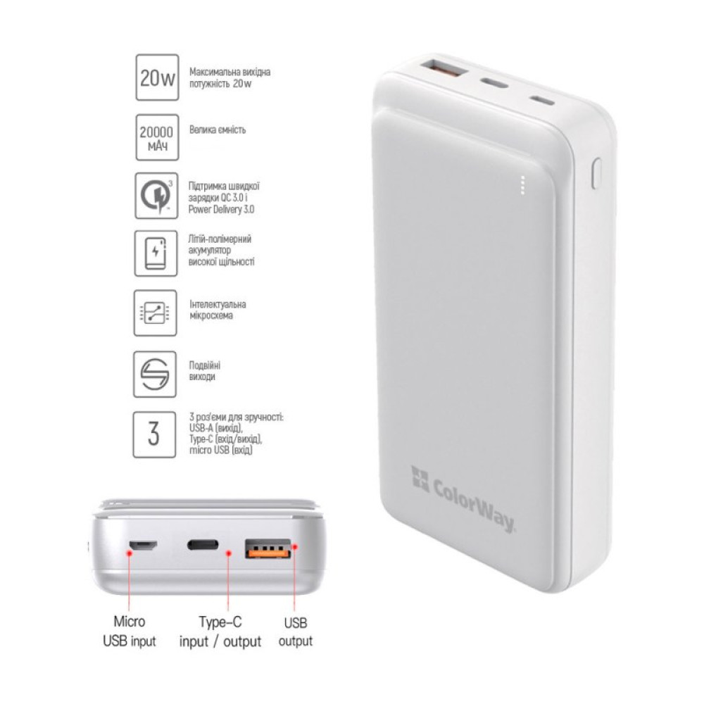 Батарея універсальна ColorWay 20 000 mAh Slim PD/20W, QC/3.0 USB-C/Micro-USB/USB-A White (CW-PB200LPG3WT-PD)