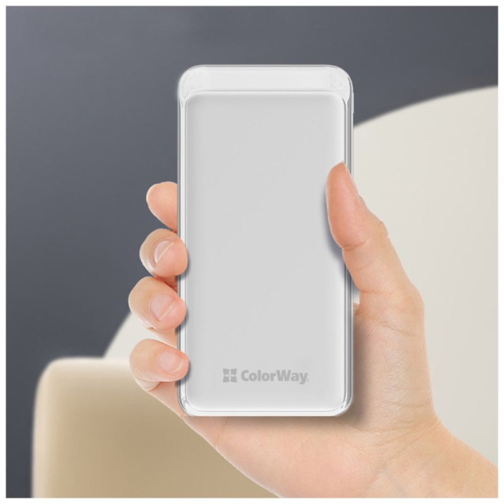 Батарея універсальна ColorWay 20 000 mAh Slim PD/20W, QC/3.0 USB-C/Micro-USB/USB-A White (CW-PB200LPG3WT-PD)