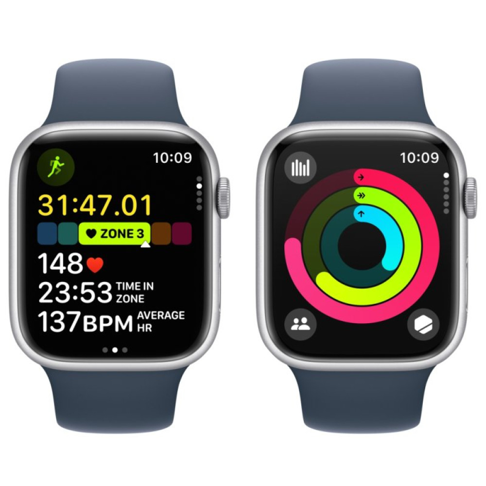 Смарт-часы Apple Watch Series 9 GPS 45mm Silver Aluminium Case with Storm Blue Sport Band - M/L (MR9E3QP/A)