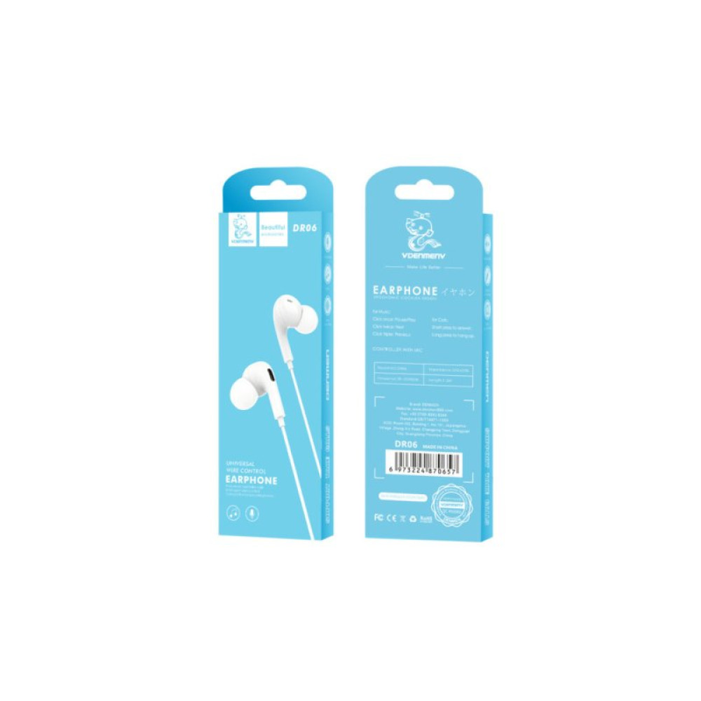 Наушники Denmen HF DR06 3.5mm 1.2 м White (DE-DR06-WH)