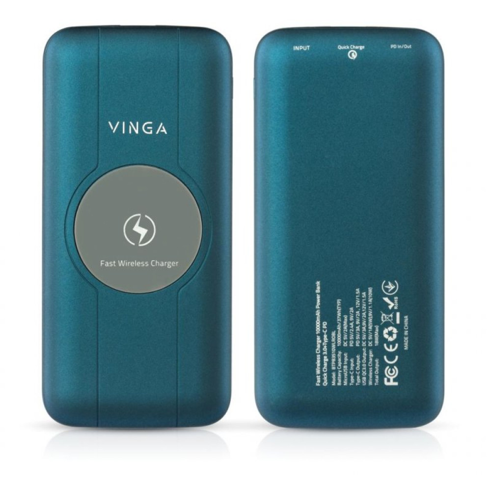 Батарея универсальная Vinga 10000 mAh Wireless QC3.0 PD soft touch blue (BTPB3510WLROBL)