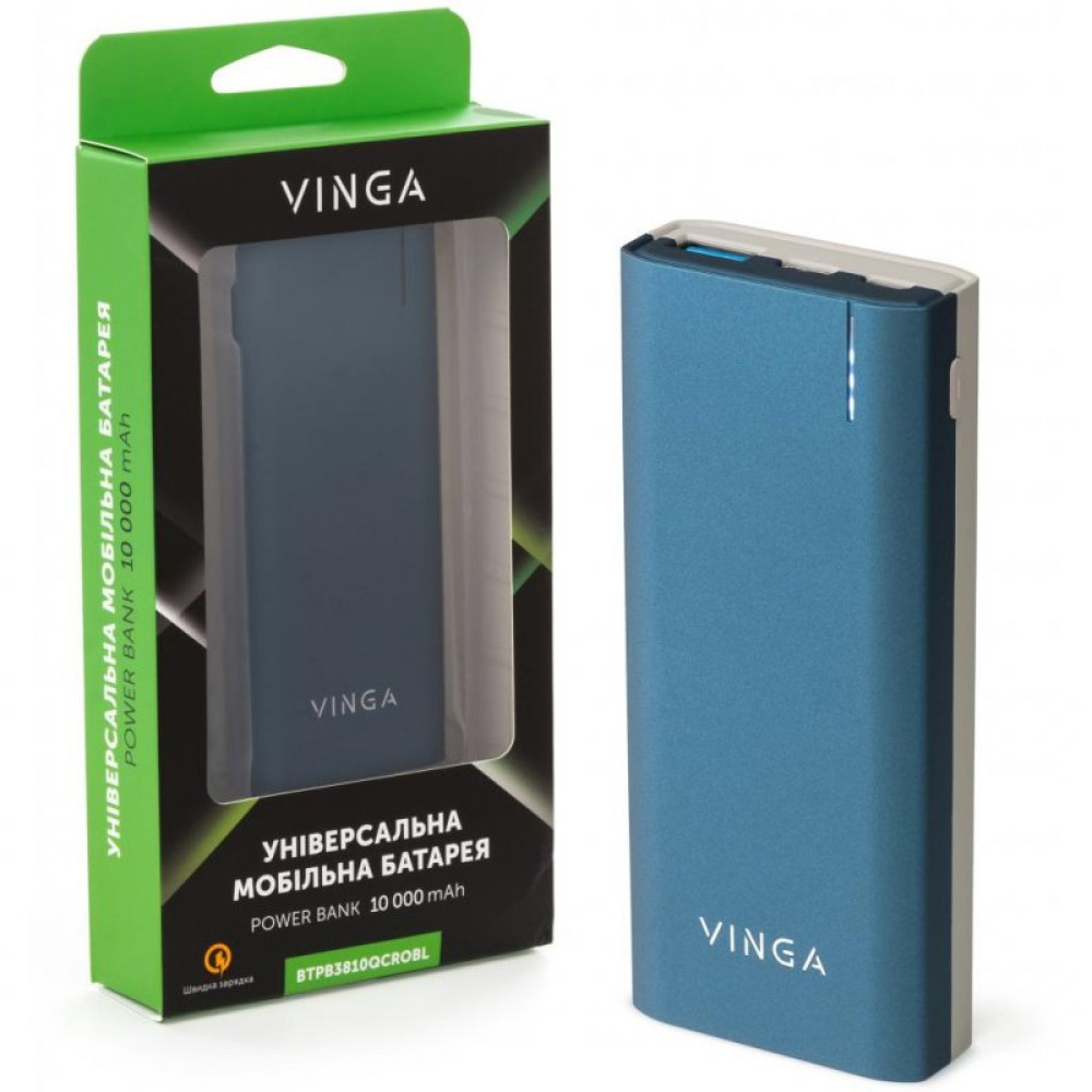 Батарея универсальная Vinga 10000 mAh soft touch blue (BTPB3810QCROBL)