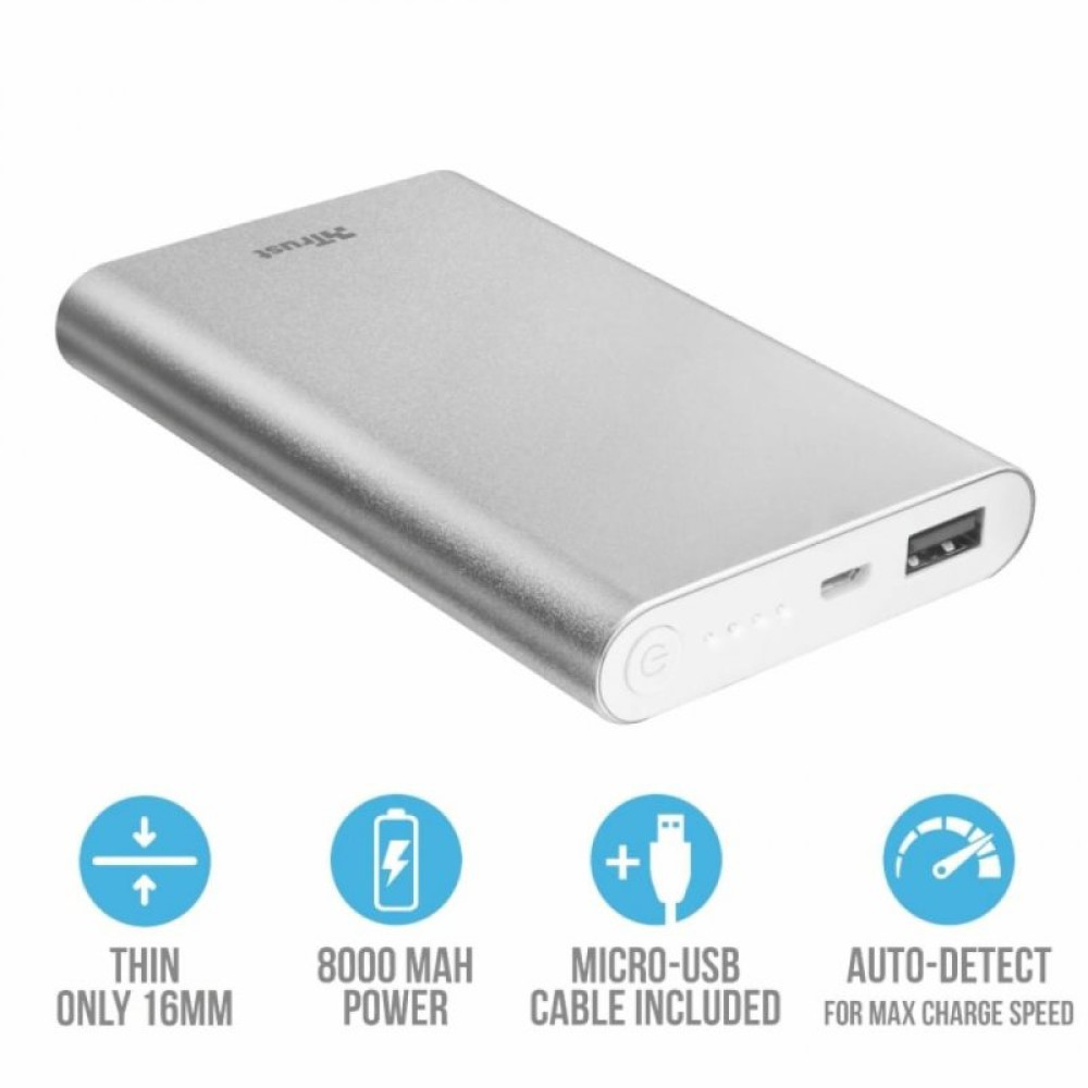 Батарея універсальна Trust Ula Thin Metal Powerbank 8000 mAh Silver (22822_TRUST)