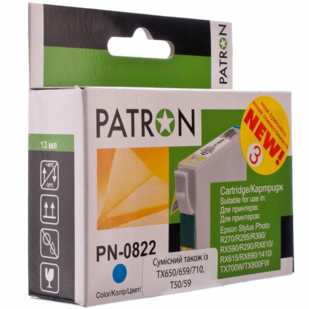 Картридж PATRON для EPSON R270/290/390/RX590 CYAN (PN-0822) (CI-EPS-T08124-C3-PN)